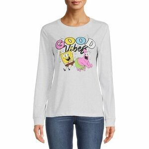 NWT Nickelodeon Womens Long Gray SpongeBob Good Vibes T-Shirt Shirt S